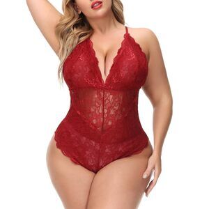 7281 Sexy Plus Size Lingerie Snap Crotch Lace Bodysuit Teddy Babydoll Deep